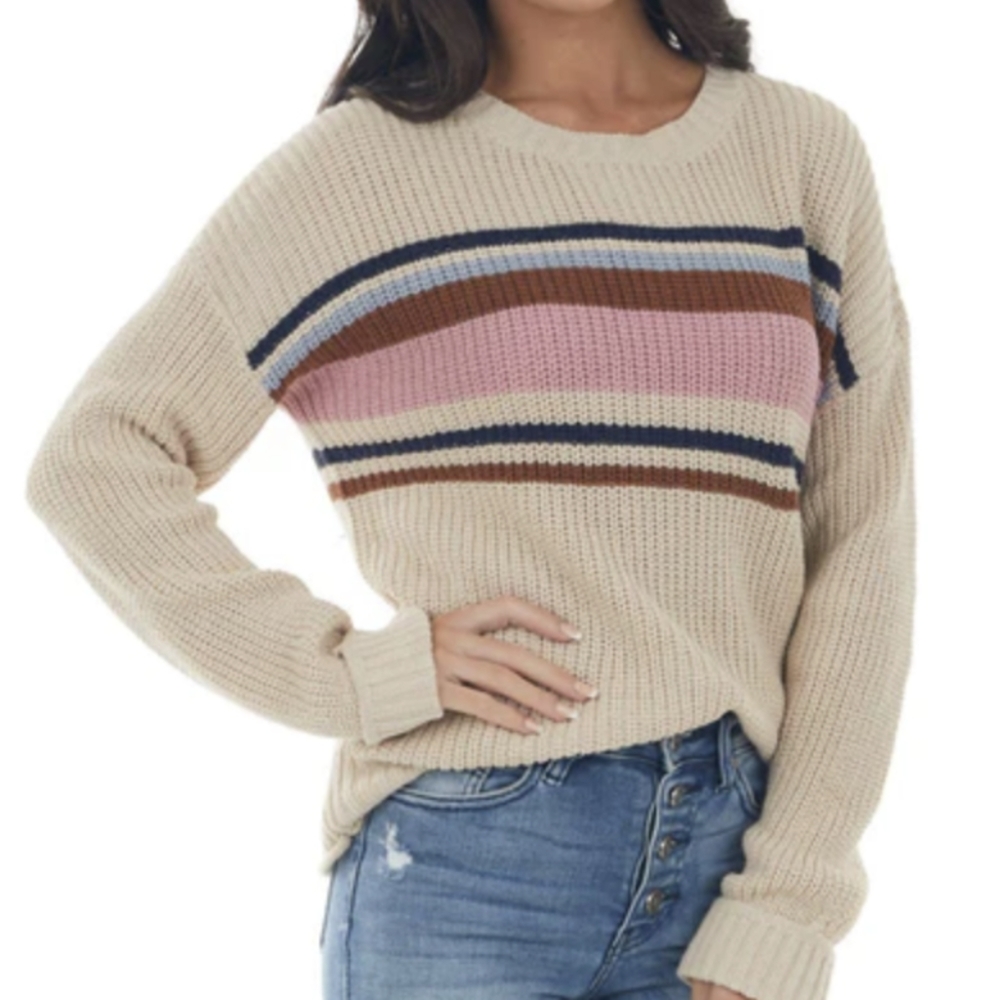 AMERICAN EAGLE cream multi striped oversized knit crewneck sweater